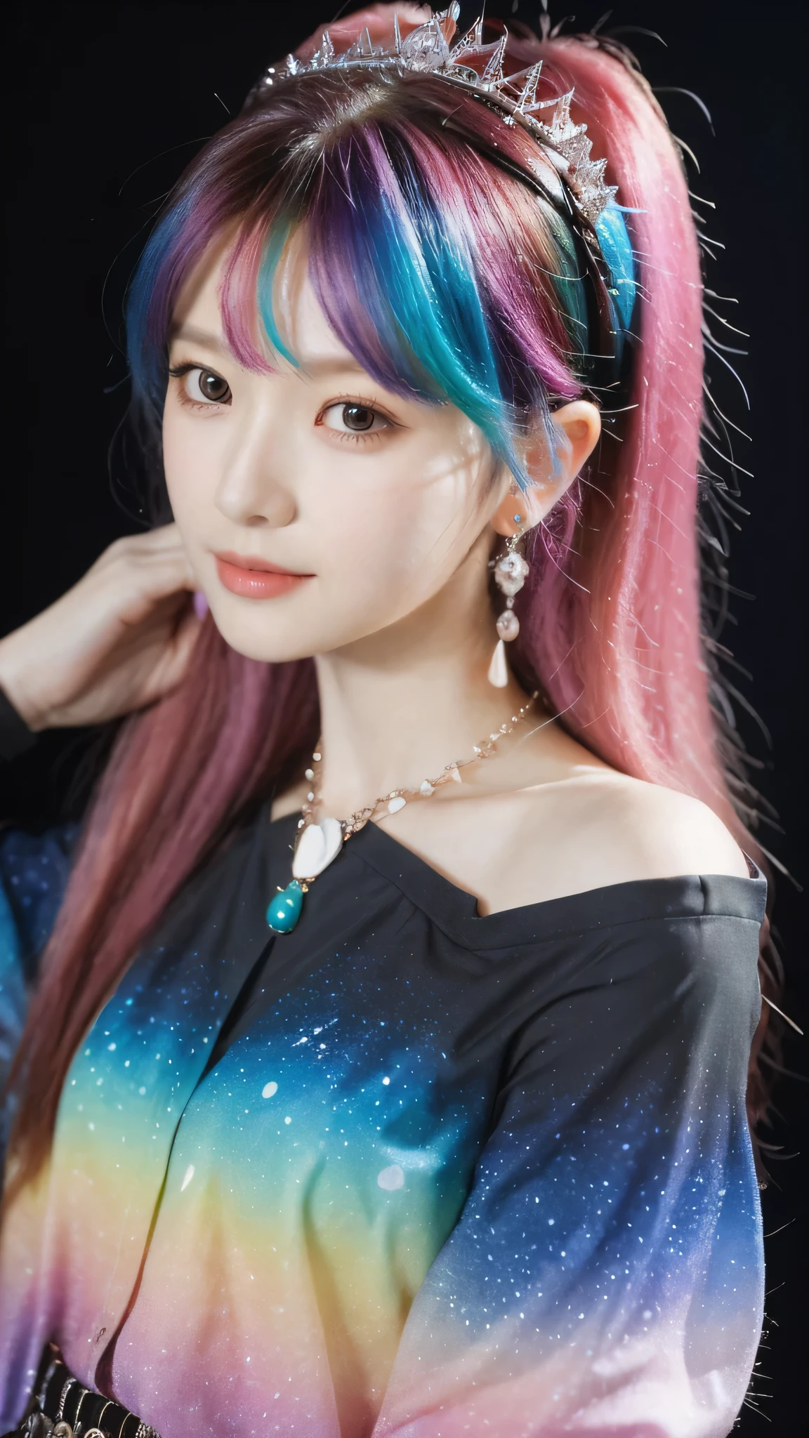 18 years old, incomparable white face, close-up of a woman, black background, hanging with colorful jewelry, off-the-shoulder clothes, colorful, fantasy art style, colorful pastel, beautiful colorful hair, cute colorful cute, anime style. 8k, beautiful and colorful, anime girl with cosmic hair, inspired by Seihiko-kun, colorful aesthetics, colorful dreams, colorful, ((beautiful fantasy queen))