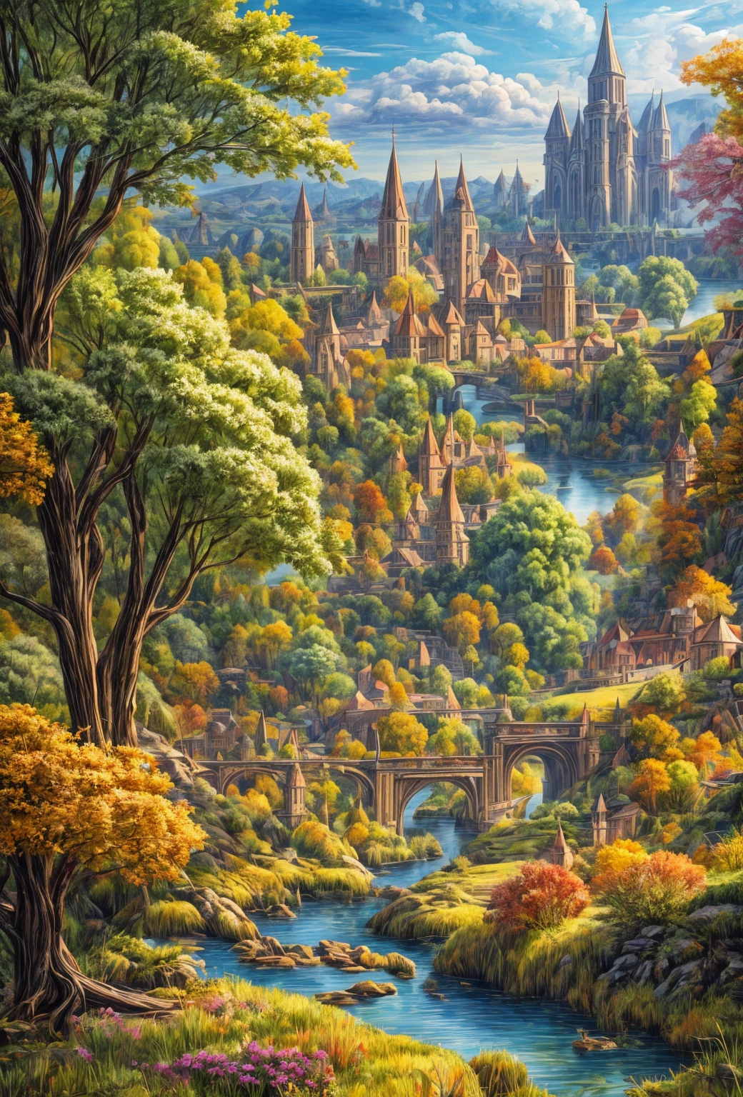 A highly detailed, photorealistic masterpiece of a surreal and imaginative painting of a medieval city, 8K resolution, swirly vibrant colors, hyper-realistic style, naïve art, sharp focus, Physically based rendering, professional artistic composition, outdoor nature scene, lush foliage, dream-like atmosphere, dramatic lighting, Ethereal humor