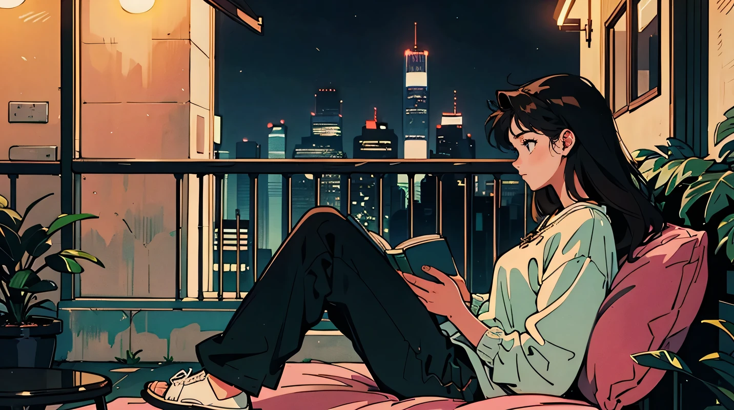 Highest quality, 8k, 1990s style,Hairstyles of the 2010s, 21 year old girl, Black Hair, long Hair, Light brown eyes, City Pop, pants ,Night view, Relax on the veranda、,Reading a book, whole body, Relax Coffee,profile