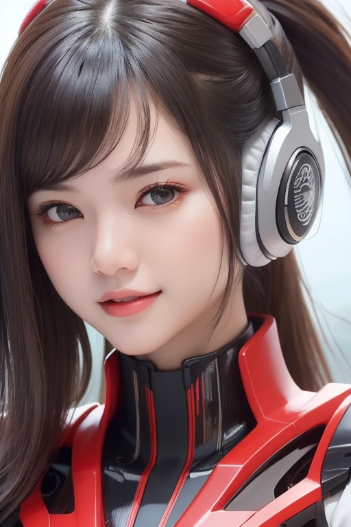 Top Quality, Masterpiece, Ultra High Resolution, (Photorealistic: 1.4), Raw Photo, 1 Girl, Black Hair, Glossy Skin, 1 Mechanical Girl, (((Ultra Realistic Details)), Portrait, Global Illumination, Shadows, Octane Rendering, 8K, Ultra Sharp, Intricate Ornaments Details, realistic skin, sweat effect, ((wearing Headphone)), very intricate detail, realistic light, CGSoation trend, brown eyes, glowing eyes, matte red and glossy white mechanical bodysuit, Long hair, black hair, Ponytail hair, Half body shot, spaceship bridge background, dynamic pose, cute smile, close up, Open Mouth, 