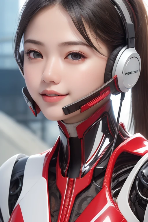 Top Quality, Masterpiece, Ultra High Resolution, (Photorealistic: 1.4), Raw Photo, 1 Girl, Black Hair, Glossy Skin, 1 Mechanical Girl, (((Ultra Realistic Details)), Portrait, Global Illumination, Shadows, Octane Rendering, 8K, Ultra Sharp, Intricate Ornaments Details, realistic skin, sweat effect, ((wearing Headphone)), very intricate detail, realistic light, CGSoation trend, brown eyes, glowing eyes, matte red and glossy white mechanical bodysuit, Long hair, black hair, Ponytail hair, Half body shot, spaceship bridge background, dynamic pose, cute smile, close up, Open Mouth, 