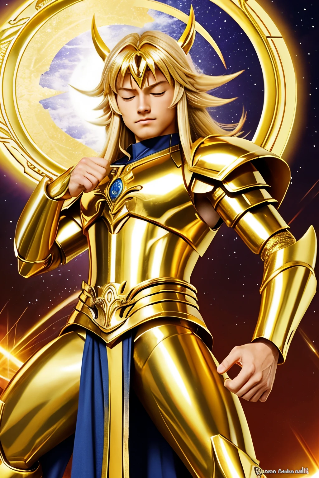 Saint Seiya, Virgo Shaka, long blonde hair, young man, golden armor, power, knights of the zodiac, golden knight, eyes closed, serious, shaka, man