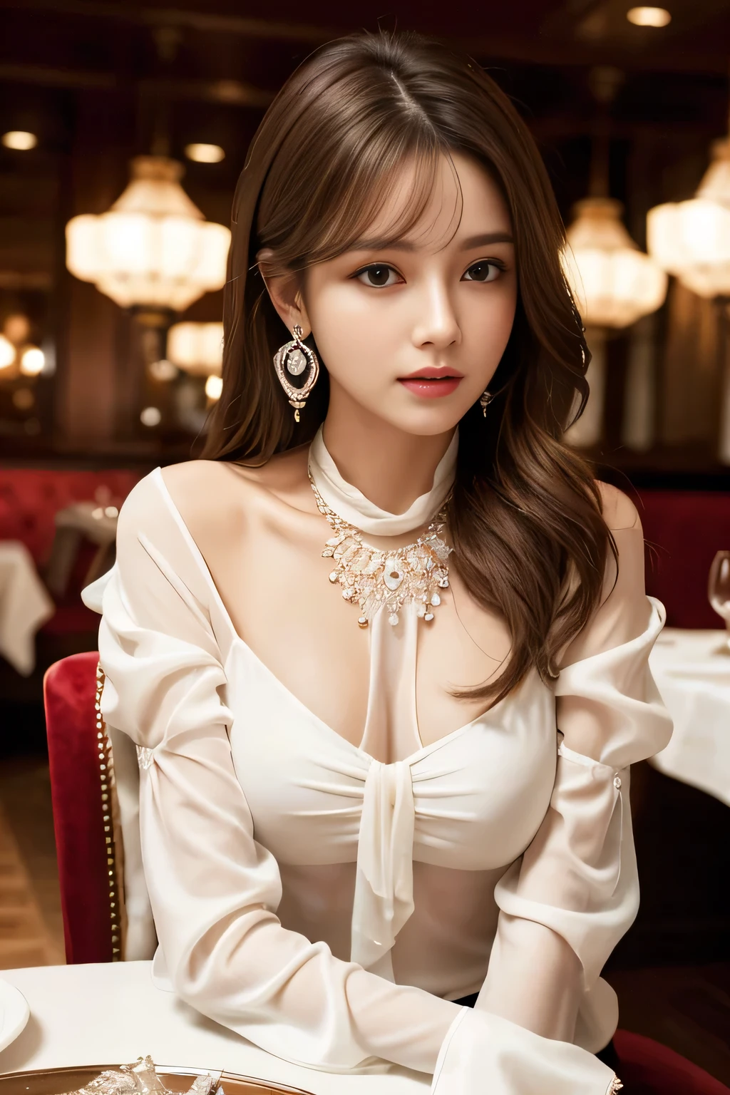 masterpiece, Highest quality, Realistic, Very detailed, Finer details, High resolution, 8k wallpaper, One beautiful woman, Wear an elegant white see-through blouse, In a great restaurant, At night, Light brown messy hair, Perfect dynamic composition, Beautiful and beautiful eyes、Big earrings、Sitting in a chair、