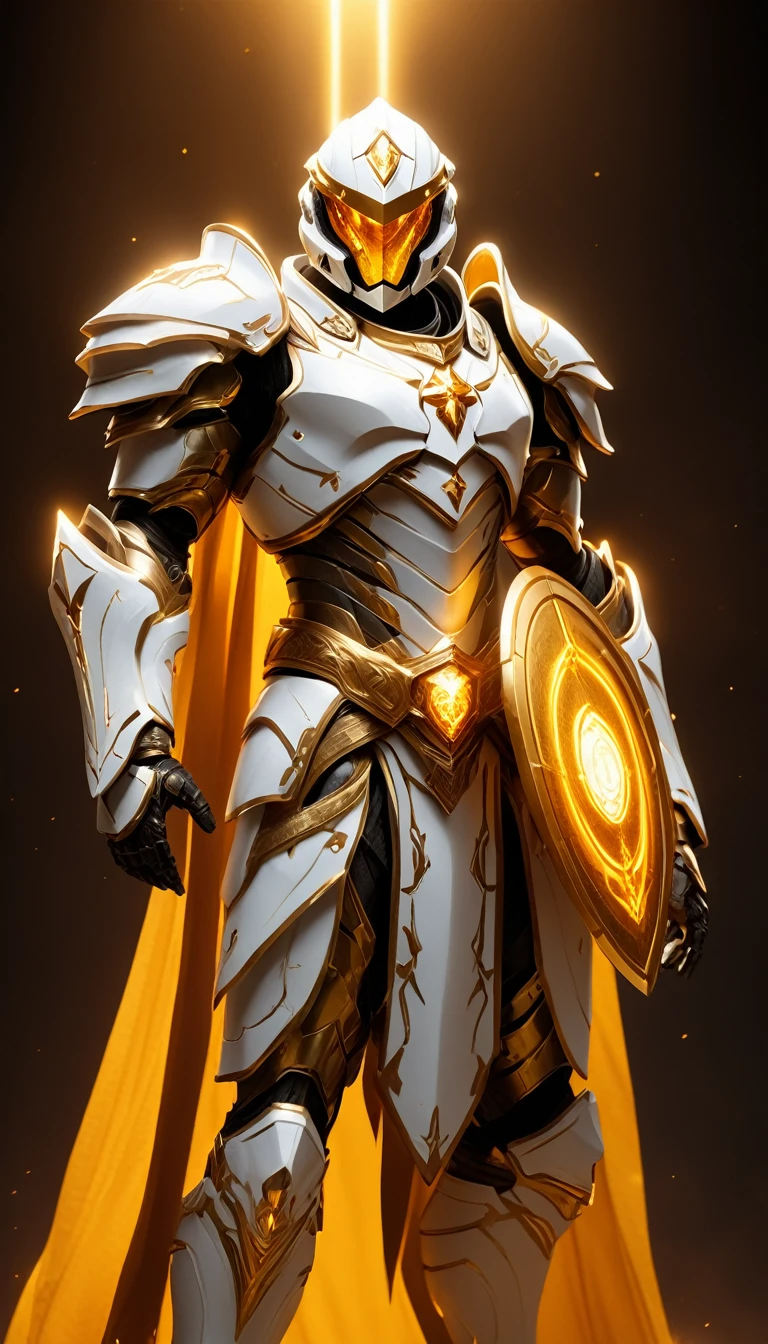 Masterpieces, male, Holy white Knight, (white armor) Action style shot, (no undercloth), holding a shield, Glowing amber colored Christian Cross on breastplate, (Battle Priest in a warframe and halo style armor holding a shield with radiant amber light, emanating potent gold light magic.), (amber half cape), (action shot: bracing with shield), (white, amber and gold color scheme), (5 amber gems on belt), (holy light magic effects), white and amber tabard (solid gold color background), (holy light magic background effects), centered, full body shot fighting, sci-fi knight, Halo master chief, vibrant colors, visible figure joints, cinematic shot, volumetric lighting, intricate pattern detail, highly detailed