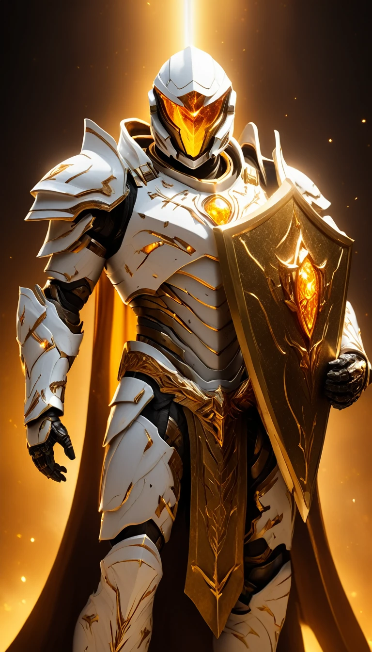 Masterpieces, male, Holy white Knight, (white armor) Action style shot, (no undercloth), holding a shield, Glowing amber colored Christian Cross on breastplate, (Battle Priest in a warframe and halo style armor holding a shield with radiant amber light, emanating potent gold light magic.), (amber half cape), (action shot: bracing with shield), (white, amber and gold color scheme), (5 amber gems on belt), (holy light magic effects), white and amber tabard (solid gold color background), (holy light magic background effects), centered, full body shot fighting, sci-fi knight, Halo master chief, vibrant colors, visible figure joints, cinematic shot, volumetric lighting, intricate pattern detail, highly detailed