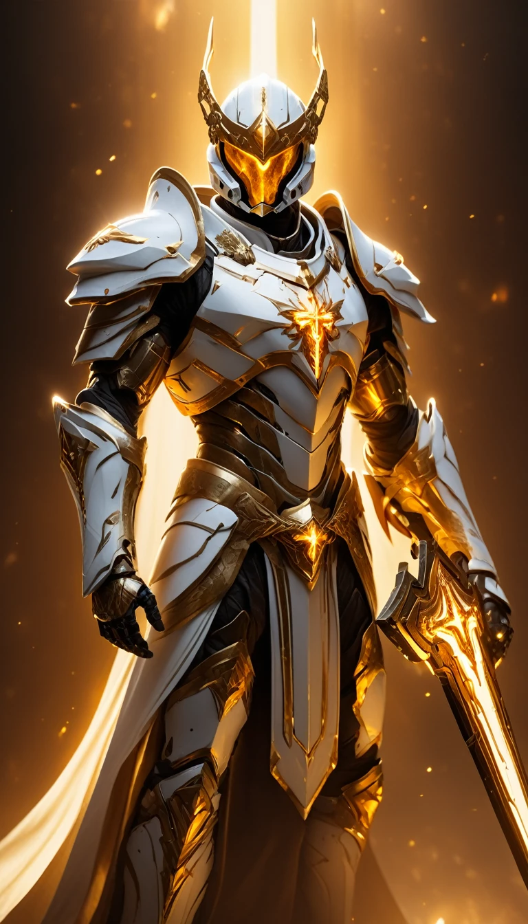 Masterpieces, male, Holy white Knight, (white armor) Action style shot, (no undercloth), holding a shield, Glowing amber colored Christian Cross on breastplate, (Battle Priest in a warframe and halo style armor holding a shield with radiant amber light, emanating potent gold light magic.), (amber half cape), (action shot: bracing with shield), (white, amber and gold color scheme), (5 amber gems on belt), (holy light magic effects), white and amber tabard (solid gold color background), (holy light magic background effects), centered, full body shot fighting, sci-fi knight, Halo master chief, vibrant colors, visible figure joints, cinematic shot, volumetric lighting, intricate pattern detail, highly detailed