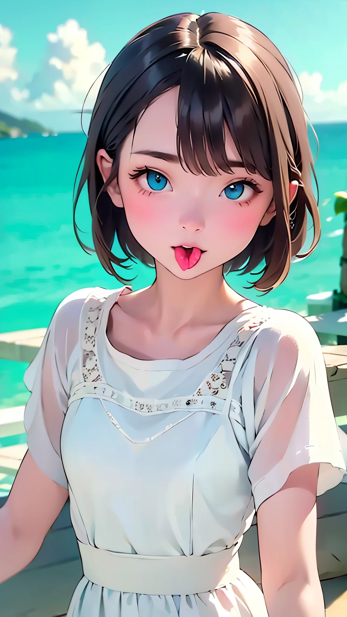 Highest quality、High resolution、masterpiece、Photorealistic、Film Grain、Perfect Anatomy、One Girl、14 years old、pretty girl、White Summer Dress、Slim body、Skinny girl、Small breasts、Brown bob hair、Short bangs、Biting into a strawberry、海上のResort Facilities、Sea Restaurant、Blurred Background、blue sea、White sand beach、Blue sky、White cloud、Cumulonimbus、Resort Facilities、Cottage on the sea