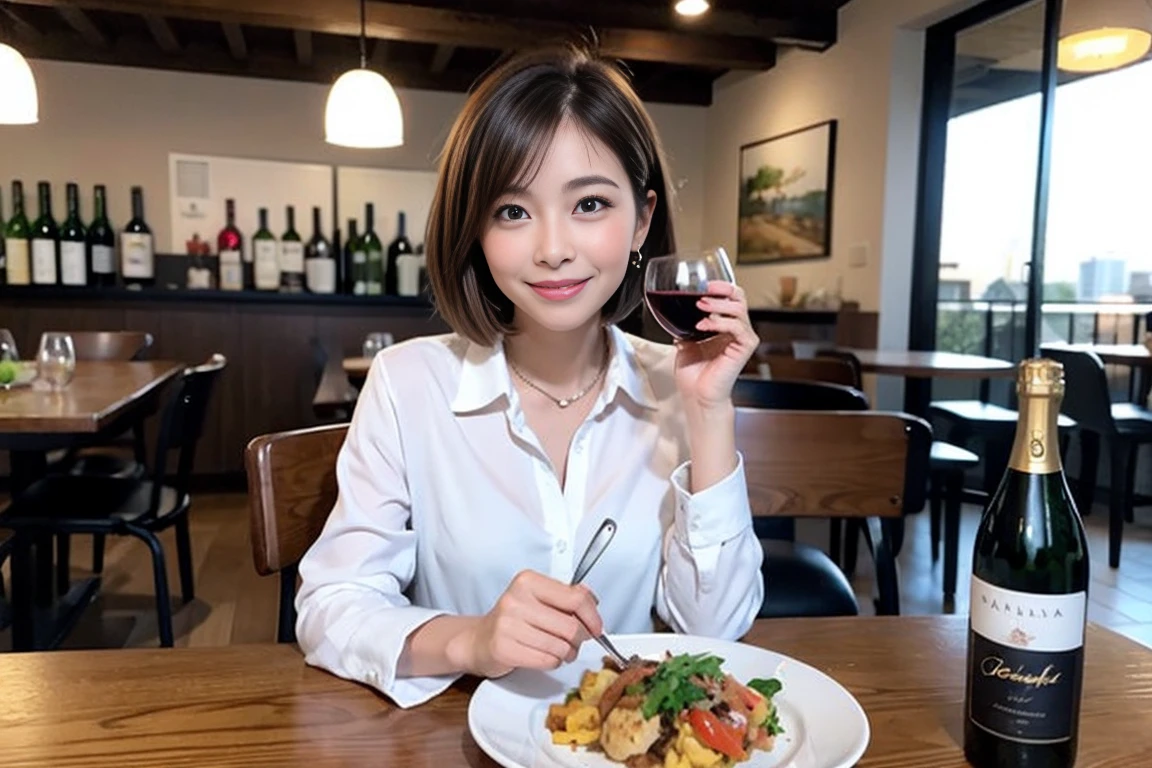 (Realistic:1.1),(masterpiece,Highest quality),8k,(56 years old), 53 years old, ベリーslimボディ、slimカップル、Tight waist,Upper Body,full-course dinner、wine 、Amazing view of the sunset sky and clouds、Perfect Anatomy, Brown Hair, short hair,Random Hairstyles,((Highly detailed face and eyes:1.2)),Perfect golden ratio face,Long sleeve shirt、dress,(smile:1.2)、Shortcuts、cute、(Realistic, Intricate details:1.2), A bright smile、short hair,Bright Face、赤wine 、Appetizers、Italian food、wine bottle、Champagne、スパークリングwine、(slimな顔), (The body is slim), (Brown Hair), (Shortcuts), Upper Body, 白wine, slim, wineグラス,