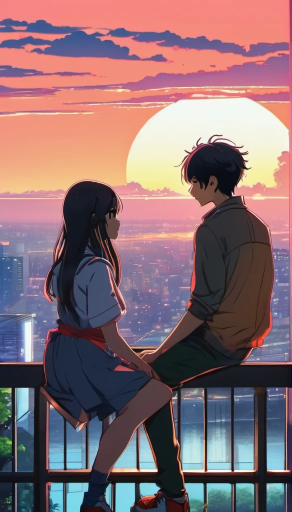 anime couple sitting on a balcony watching the sunset, Watching the sunset. anime, Lofi Artstyle, anime background art, anime style cityscape, beautiful anime scene, Lofi Art, In the style of Makoto Shinkai, 4K Manga Wallpapers, Makoto Shinkai Cyril Rolland, hd anime cityscape, Landscapes by Ilya Kuvshinov, 4k anime wallpaper