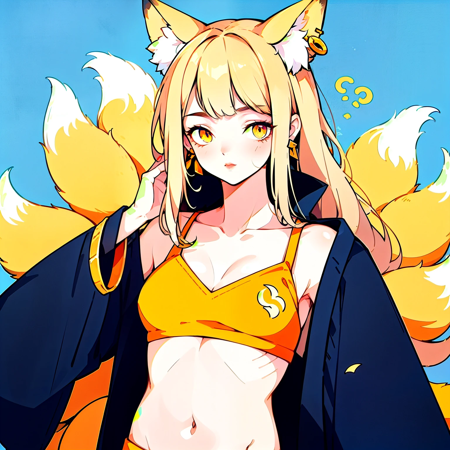 hair/and_Ants, One girl, Ants (League of Legends), chest, Animal ears, bionde, alone, Fox Ears, hair/and (League of Legends), Long Hair, Chest cleavage, tail, whishairer marhairings, loohairing at viewer, facial marhair, chohairer, large chest, Exposing shoulders, fox tail, jewelry, Yellow Eyes, Upper Body, multiple tails, bangs, Shiny, clavicle, Covered navel, Earrings