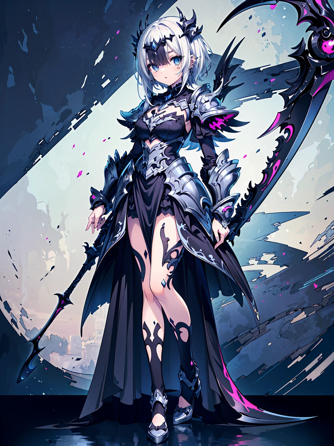 (((masterpiece, best quality, high detailed, 16k))) (1girl)  A breathtakingly beautiful young girl with short stylish white hair and piercing eyes. She wears a demonic armor in purple black and white. wields a large stylized scythe. ((full body front view)), (extremely detailed:1.5)