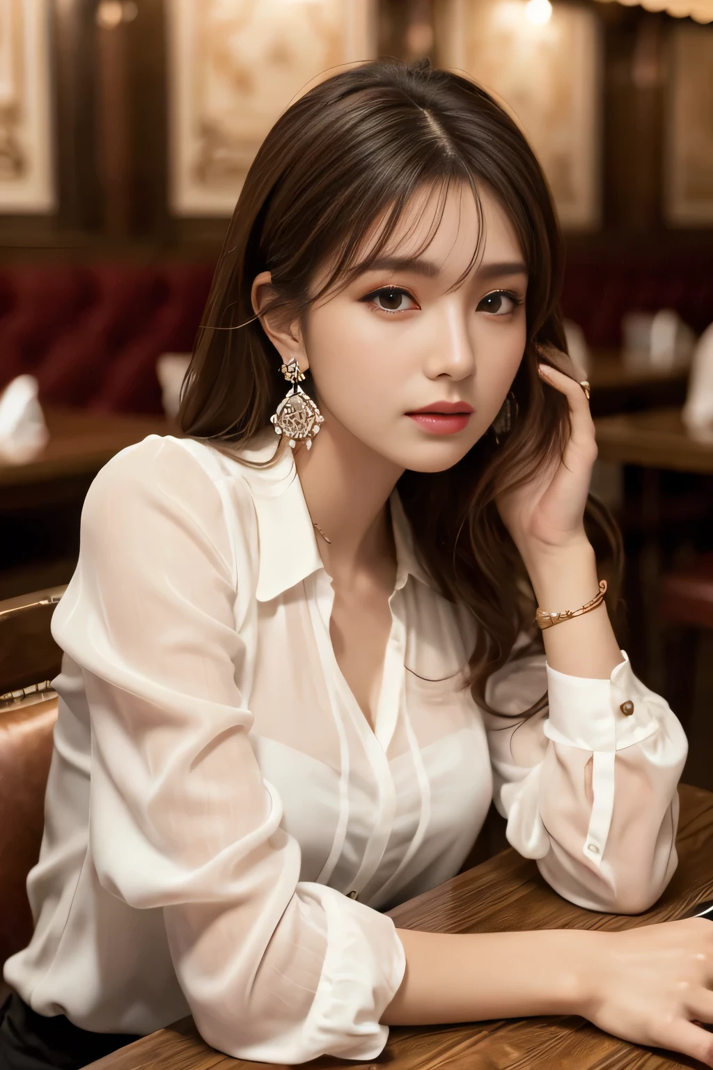 masterpiece, Highest quality, Realistic, Very detailed, Finer details, High resolution, 8k wallpaper, One beautiful woman, Wear an elegant white see-through blouse, In a great restaurant, At night, Light brown messy hair, Perfect dynamic composition, Beautiful and beautiful eyes、Big earrings、Sitting in a chair、