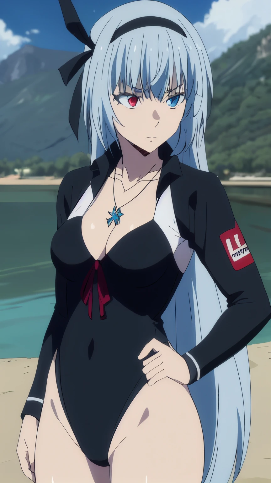 (masterpiece, highest quality, 8k:1.2), 1girl, Luminous, tensura, beautiful detailed eyes, Heterochromia, red eyes, blue eyes, bangs, silver hair, long hair, hair ribbon, hair band, jewelry, necklace, collarbone, (Rash guard, lake:1.2), Cowboy shot, Dynamic pose,
