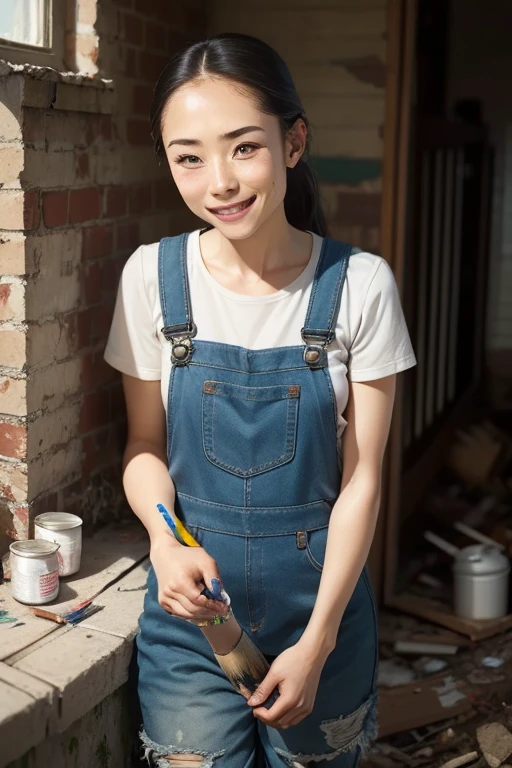 Highest quality High resolution Simple White overalls work clothes A woman holding a paint can and a brush There is a little paint on the clothes or body. Abandoned house 20 years old cute smile