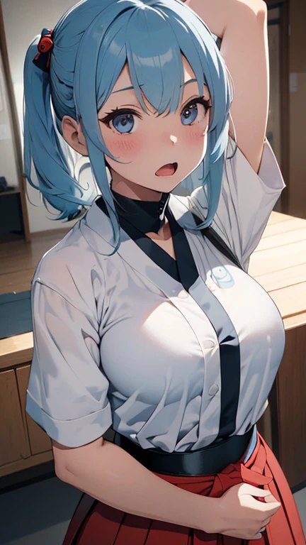 mastute piece,Best Quality,insanely detailed,8k cg,nsfw,
(shoot upper body:1.3),
(1girls:1.3),standing,looking at viewr,body in front,(arms behind back:1.4),(kendo uniform:1.3,doges:1.3,hakama:1.3),kendo:1.3、(bare breasts:0.9),BREAK,
blush,shy,(ecstasy face),(trembling:1.2),BREAK,(light blue hair:1.3),
BREAK,
perfect breasts,perfect teats,(open mouth:0.9),(large breasts:1.2),
(kendo-dojo),kendo道場、