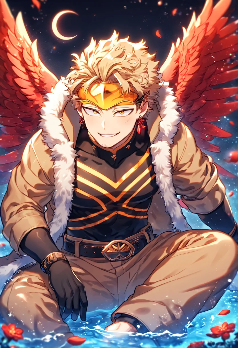 absurdres, highres, ultra detailed, HDR, master piece, Hawks, ash blond hair, expressive golden-brown eyes, faint stubble, red wings, brown coat with fur, black tight shirt, red earring, yellow visor, brown pants, black belt, Boku No Hero Academia, black gloves, sexy man sitting, handsome, best quality, red glittering crescent moon, red flowers, fantasy, magical, solo, water, red shining fireflies, red petals, sensual, horny, manly man, handsome smile,
