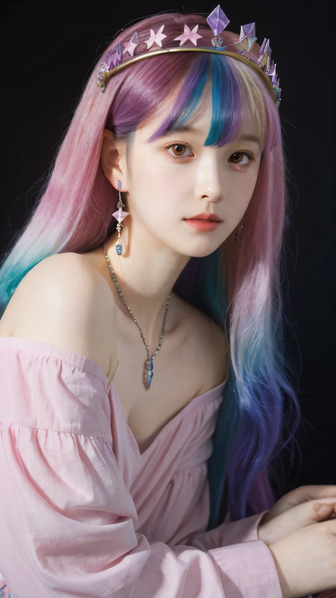 18 years old, incomparable white face, close-up of a woman, black background, hanging with colorful jewelry, off-the-shoulder clothes, colorful, fantasy art style, colorful pastel, beautiful colorful hair, cute colorful cute, anime style. 8k, beautiful and colorful, anime girl with cosmic hair, inspired by Seihiko-kun, colorful aesthetics, colorful dreams, colorful, ((beautiful fantasy queen))