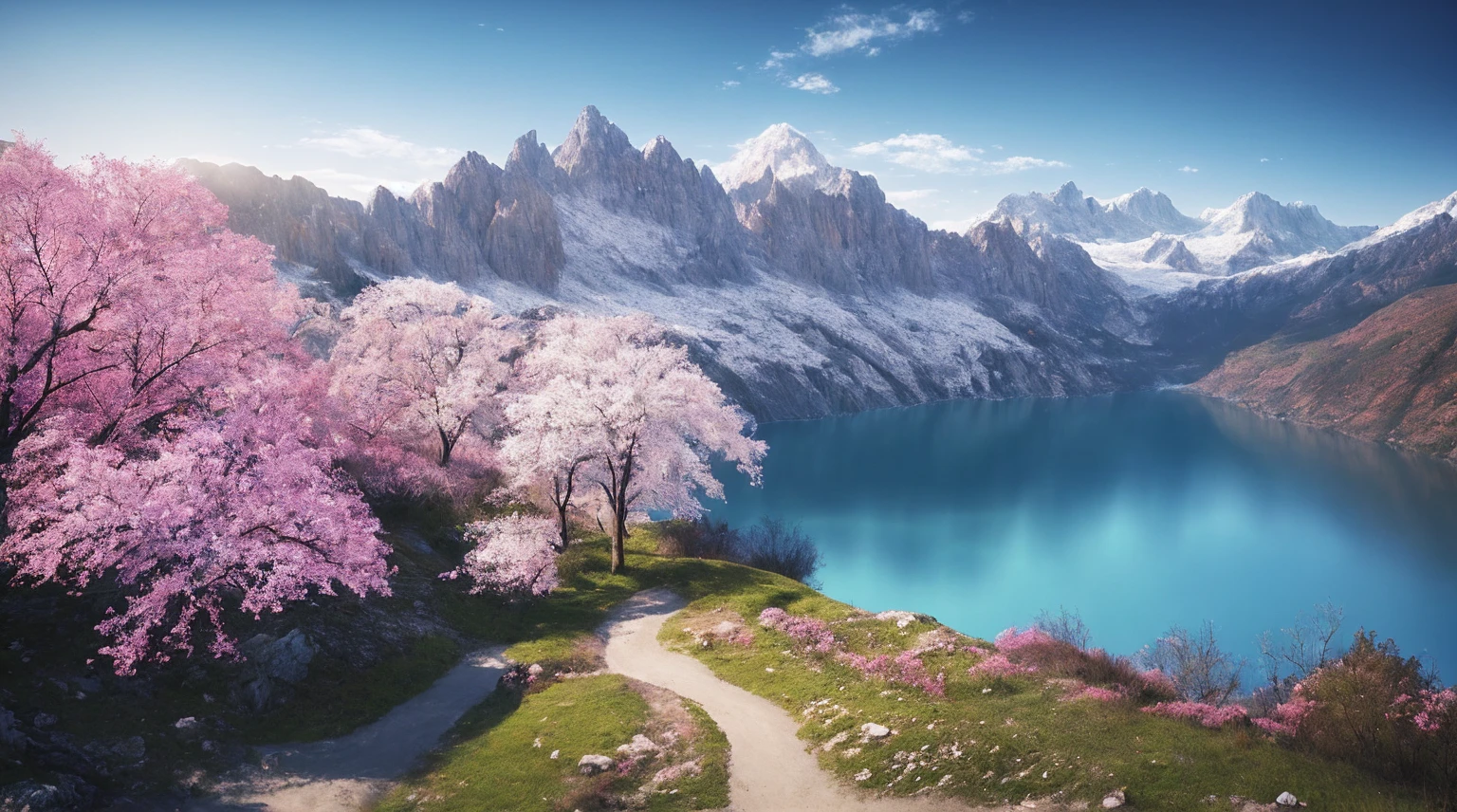 (((work of art))), complex paisaje, best qualityer, high qualiy, extremely detaild CG unity 8k wallpaper, cenáRiu, plein-air, sky, nube, giorno, nobody, moutain, paisaje, water, tree, blue sky, waterfall, cliff, naturey, lake, Riu, nubey sky,rewarded photography, bokeh, Depth of field, HDR, blossom, Chromatic aberration ,photorrealistic,extremely detaild, trends on ArtStation, trends at CGSociety, intrikate, high détail, Dramatic, mid-journey art, vast paisaje, small moutains