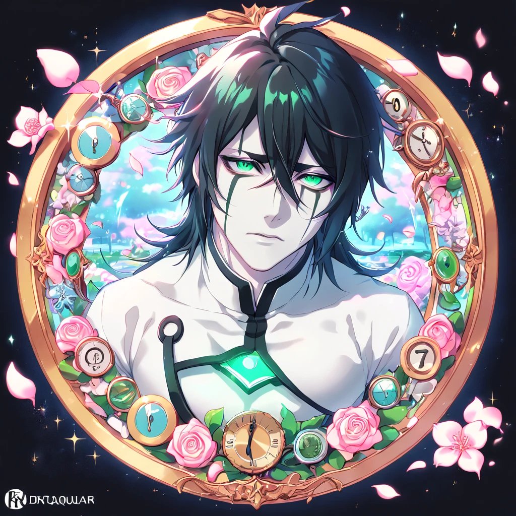 absurdres, highres, ultra detailed, HDR, masterpiece, extremely detailed, Ulquiorra Cifer, black hair, pale skin, expressive green eyes, Bleach, solo, sexy man, handsome, sensual, arrancar white clothes, water, magical, fantasy, glittering, shining, pink roses, blossoms, petals, in woderland, clock, manly man