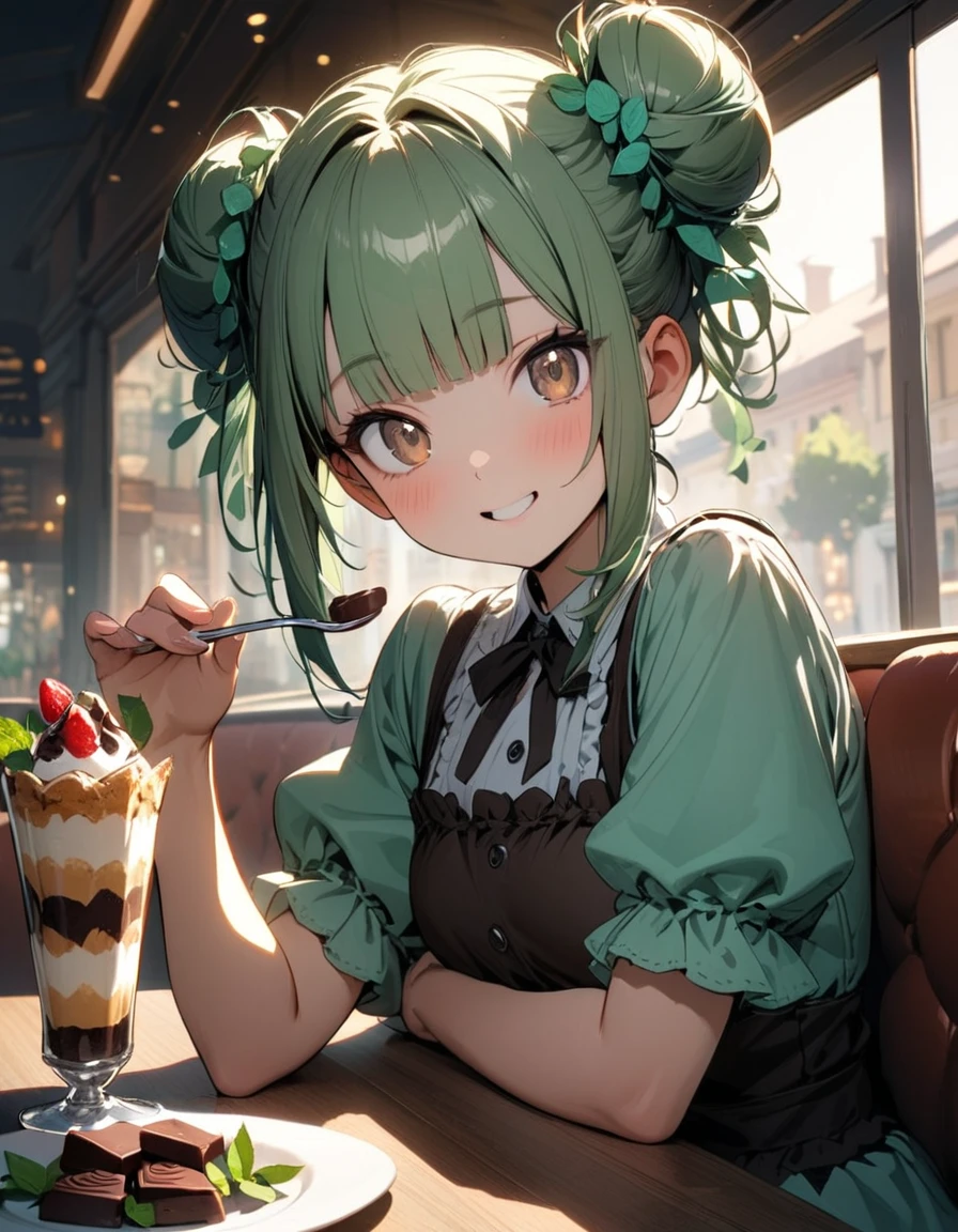 1 girl,amazing quality, aesthetic, aesthetic,ultra-detailed face,detailed eyes,,(Brown eyes),lash extension,Mint green hair,blunt bangs,Mint leaves hair accessory,double bun,Short sleeves,Mint green Lolirown Lolita,hng a spoon,Looking at viewer,happy,one Chocolate mint parfait on the table,Sitting,indoors French Restaurant,rim light,masterpiece,8K,top quality, highly detailed illustration