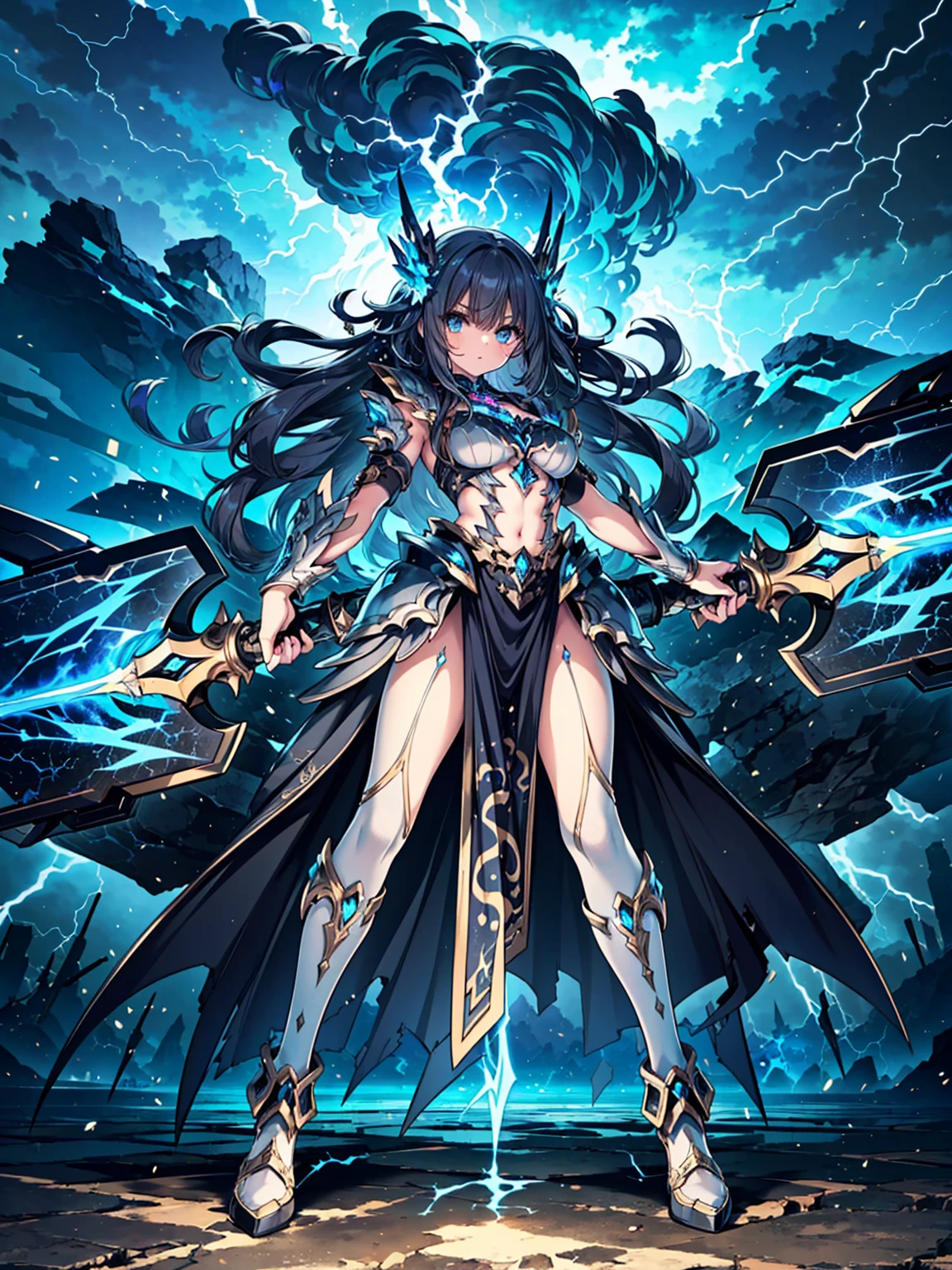(((masterpiece, best quality, high detailed, 16k))) (1goddess) A formidable thunder goddess with a commanding presence, her eyes crackling with electric energy. She has a lithe, muscular build and long, flowing hair that seems to shimmer with lightning. She wears ornate armor in shades of stormy gray and electric blue, intricately designed with lightning motifs and glowing runes. In her hands, she wields a massive, intricately detailed warhammer that crackles with thunderous energy. Her stance is powerful, with dark storm clouds swirling around her and bolts of lightning illuminating the scene. ((full body view))