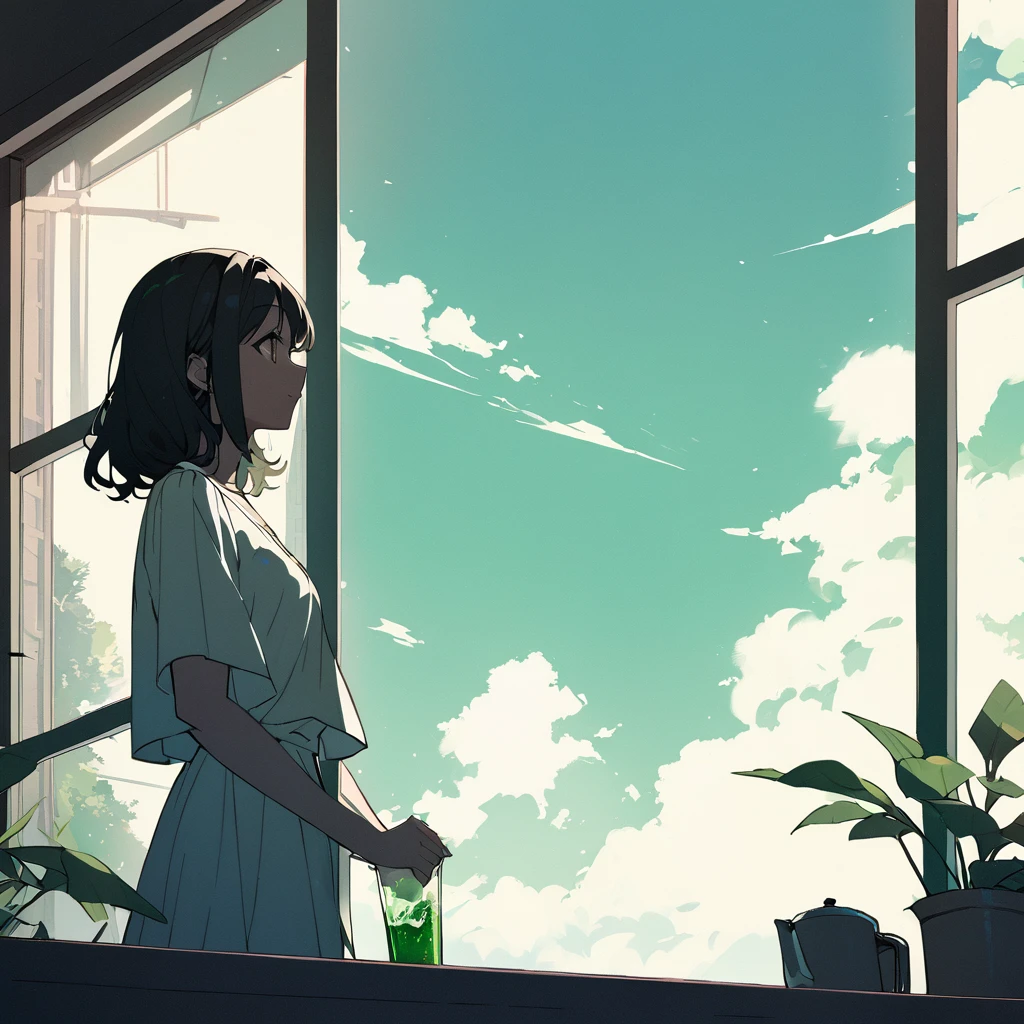 1girl, black hair, white dress, coffee shop, outside the window is the green soda-colored sky, white clouds, green, nostalgia, summer, profile, silhouette, looking up from below、tegaki,