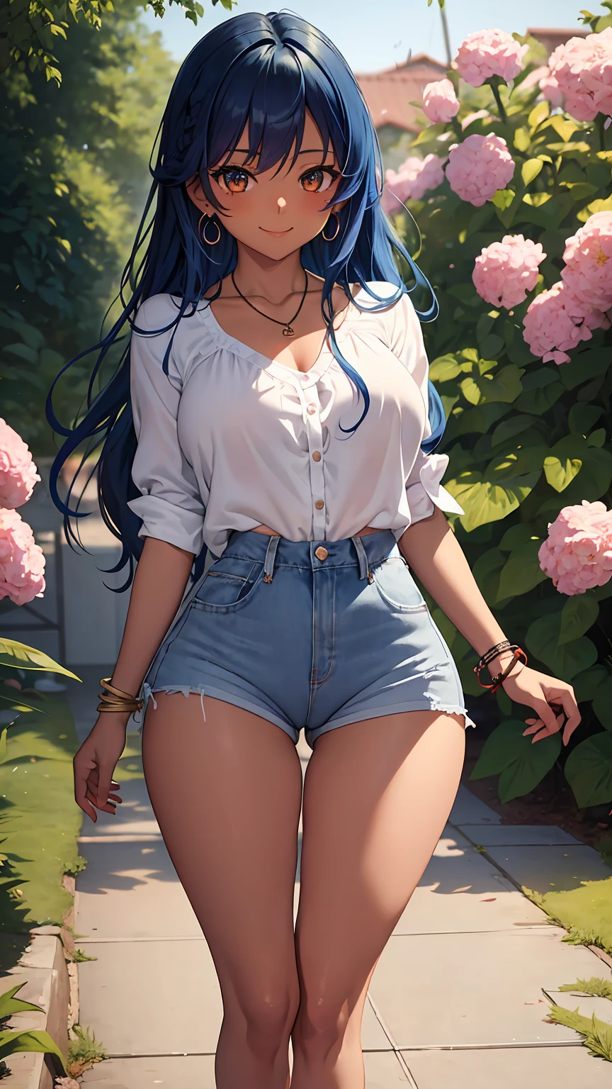 1girl, anime girl, anime, (dark skin), bracelet, necklace, earrings, 2d girl, 18y, (fullbody), standing, anime girl, seductive smile, (blue hair), flowing hair, hair flowing in the wind, ((white blouse)), Solo, Slim, Big Breasts, Tight Shorts, low waist shorts, upshorts, outdoors, night background, flowers, looking at viewer, darker shadows, (((Wedgie))), (((explicit))), (((shorts))), (((absurdres))), (((thigh gap))), (((cameltoe))), (((lowleg shorts))), (((Detailed description vagina)))