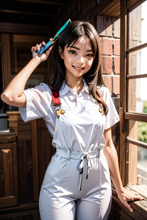 Highest quality High resolution Simple White overalls work clothes A woman holding a paint can and a brush There is a little paint on the clothes or body. Abandoned house 20 years old cute smile