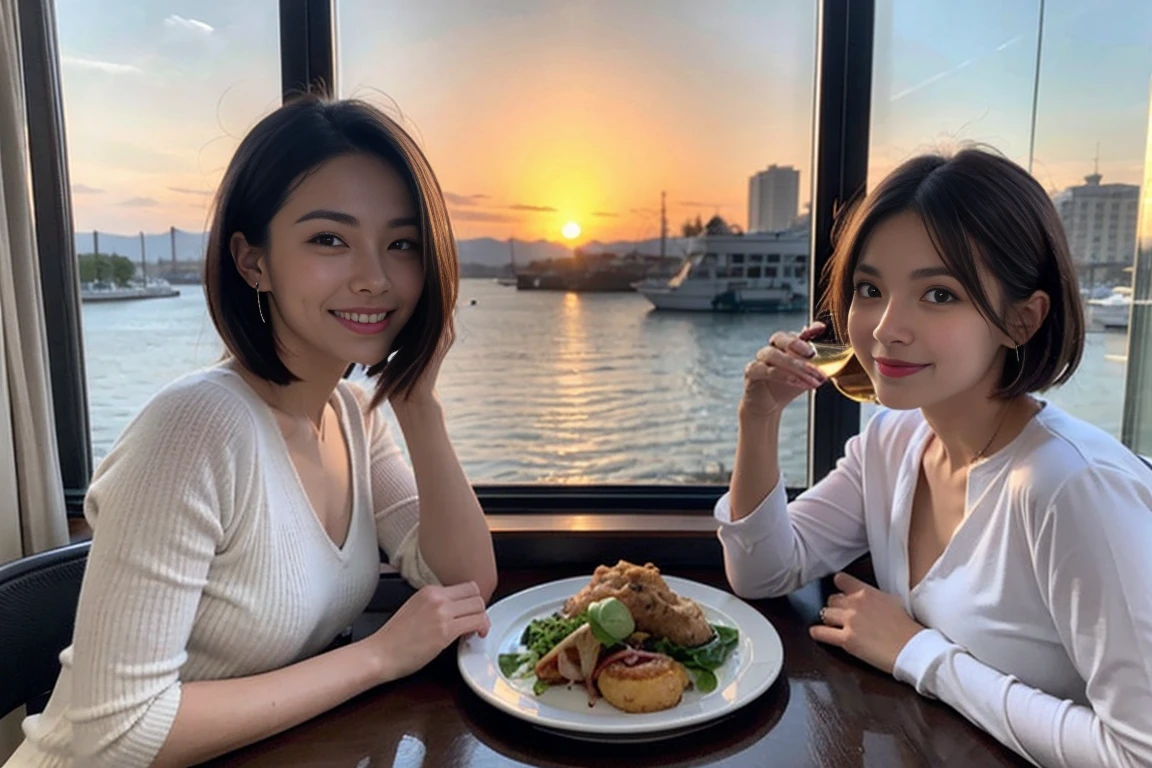 (Realistic:1.1),(masterpiece,Highest quality),8k,(56 years old), 53 years old, ベリーslimボディ、slimカップル、Tight waist,Upper Body,full-course dinner、wine 、Amazing view of the sunset sky and clouds、Perfect Anatomy, Brown Hair, short hair,Random Hairstyles,((Highly detailed face and eyes:1.2)),Perfect golden ratio face,Long sleeve shirt、dress,(smile:1.2)、Shortcuts、cute、(Realistic, Intricate details:1.2), A bright smile、short hair,Bright Face、赤wine 、Appetizers、Italian food、wine bottle、Champagne、スパークリングwine、(slimな顔), (The body is slim), (Brown Hair), (Shortcuts), Upper Body, 白wine, slim, wineグラス,