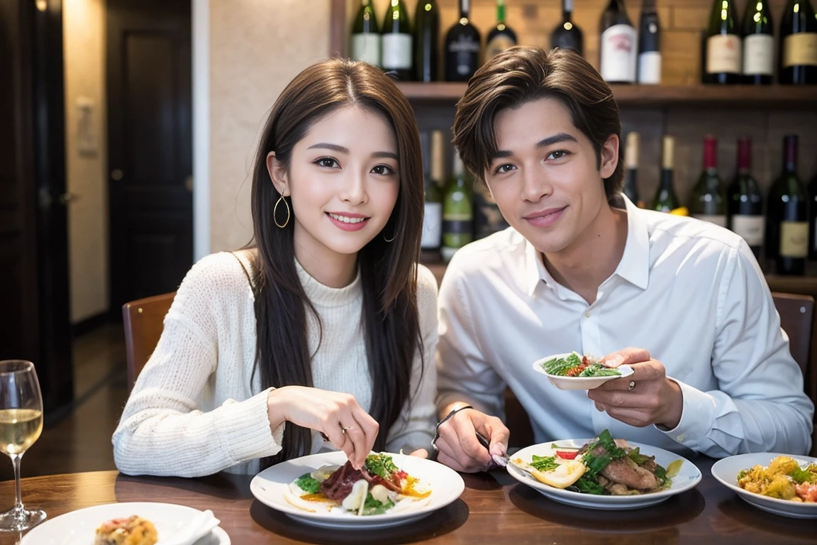 （Realistic:1.1）,(masterpiece,Highest quality)，8k,(56 years old), 53 years old, ベリーslimボディ、slimカップル、Tight waist,Upper Body,full-course dinner、wine 、Amazing view of the sunset sky and clouds、Perfect ???????, Brown Hair, short hair,Random Hairstyles,((Highly detailed face and eyes:1.2))，Perfect golden ratio face，Long sleeve shirt、dress,(smile:1.2)、Shortcuts、cute、(Realistic, Intricate details:1.2), A bright smile、short hair,Bright Face、赤wine 、Appetizers、Italian food、wine bottle、Champagne、スパークリングwine、(slimな顔), (The body is slim), (Brown Hair), (Shortcuts),  Upper Body, 白wine, slim, wineグラス, 