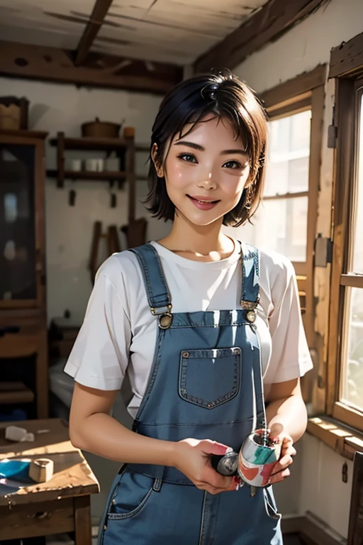 Highest quality　High resolution　Simple　White overalls work clothes　A woman holding a paint can and a brush　There is a little paint on the clothes or body.　Abandoned house　20 years old　cute　smile