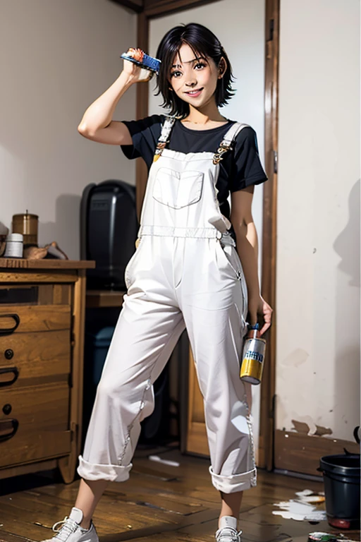 Highest quality High resolution Simple White overalls work clothes A woman holding a paint can and a brush There is a little paint on the clothes or body. Abandoned house 20 years old cute smile