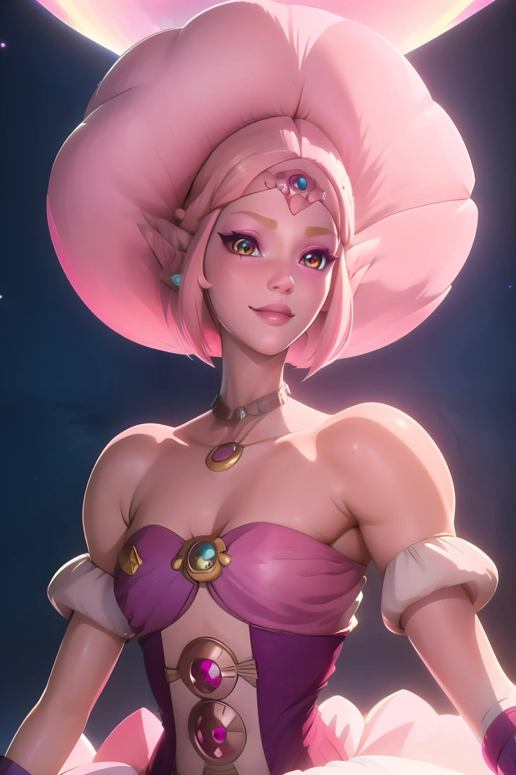 pnkdamond, pink hair, pink eyes,  long hair,  stomach gem,  pink skin,  toned, 
puffy short sleeves, elbow gloves ,  white thighs,   Puffy dress, 
standing, Upper part of the body, 
 outer space,  
(incredibly detailed, beautiful detailed face,Beautiful detailed eyes, Masterpiece, Best Quality) cinematic lighting,  SMILE, 
 