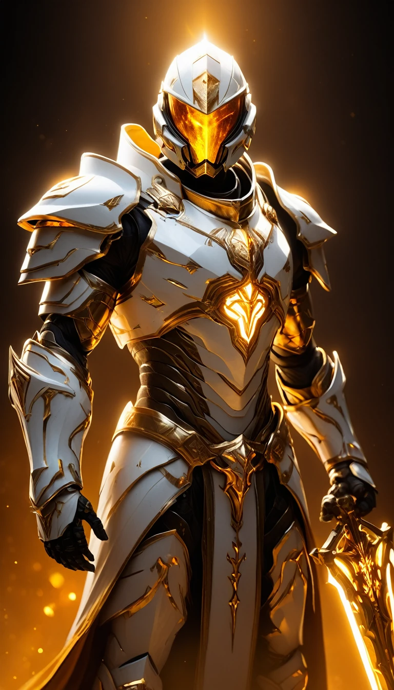 Masterpieces, male, Holy white Knight, (white armor) Action style shot, (no undercloth), holding a shield, Glowing amber colored Christian Cross on breastplate, (Battle Priest in a warframe and halo style armor holding a shield with radiant amber light, emanating potent gold light magic.), (amber half cape), (action shot: bracing with shield), (white, amber and gold color scheme), (5 amber gems on belt), (holy light magic effects), white and amber tabard (solid gold color background), (holy light magic background effects), centered, full body shot fighting, sci-fi knight, Halo master chief, vibrant colors, visible figure joints, cinematic shot, volumetric lighting, intricate pattern detail, highly detailed