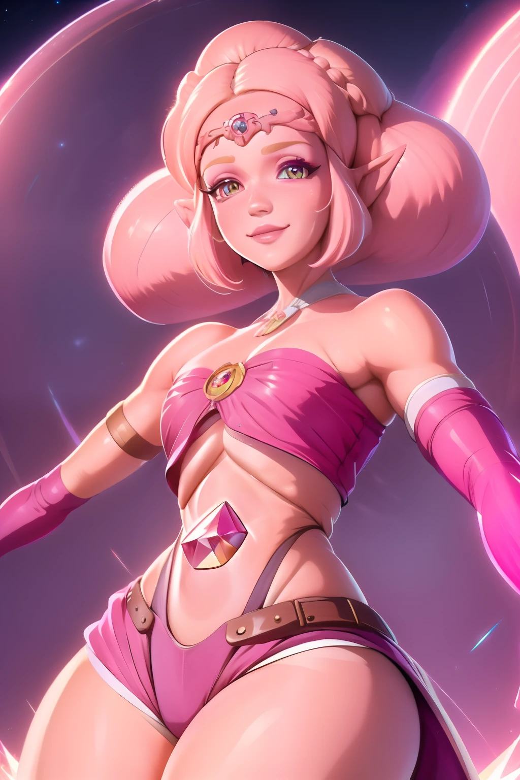 pnkdamond, pink hair, pink eyes,  long hair,  stomach gem,  pink skin,  toned, 
puffy short sleeves, elbow gloves ,  white thighs,   Puffy dress, 
standing, Upper part of the body, 
 outer space,  
(incredibly detailed, beautiful detailed face,Beautiful detailed eyes, Masterpiece, Best Quality) cinematic lighting,  SMILE, 
 