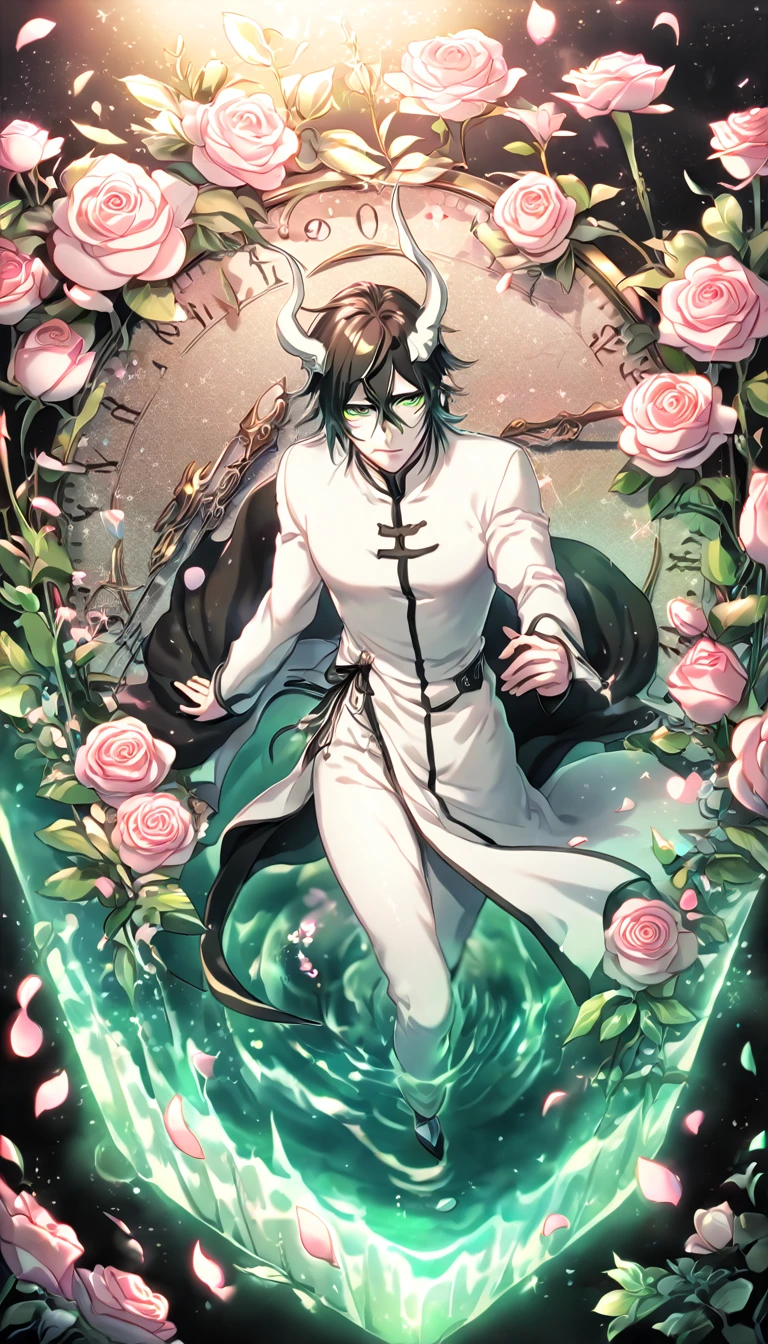 absurdres, highres, ultra detailed, HDR, masterpiece, extremely detailed, Ulquiorra Cifer, black hair, pale skin, expressive green eyes, Bleach, solo, sexy man, handsome, sensual, arrancar white clothes, water, magical, fantasy, glittering, shining, pink roses, blossoms, petals, in woderland, clock, manly man