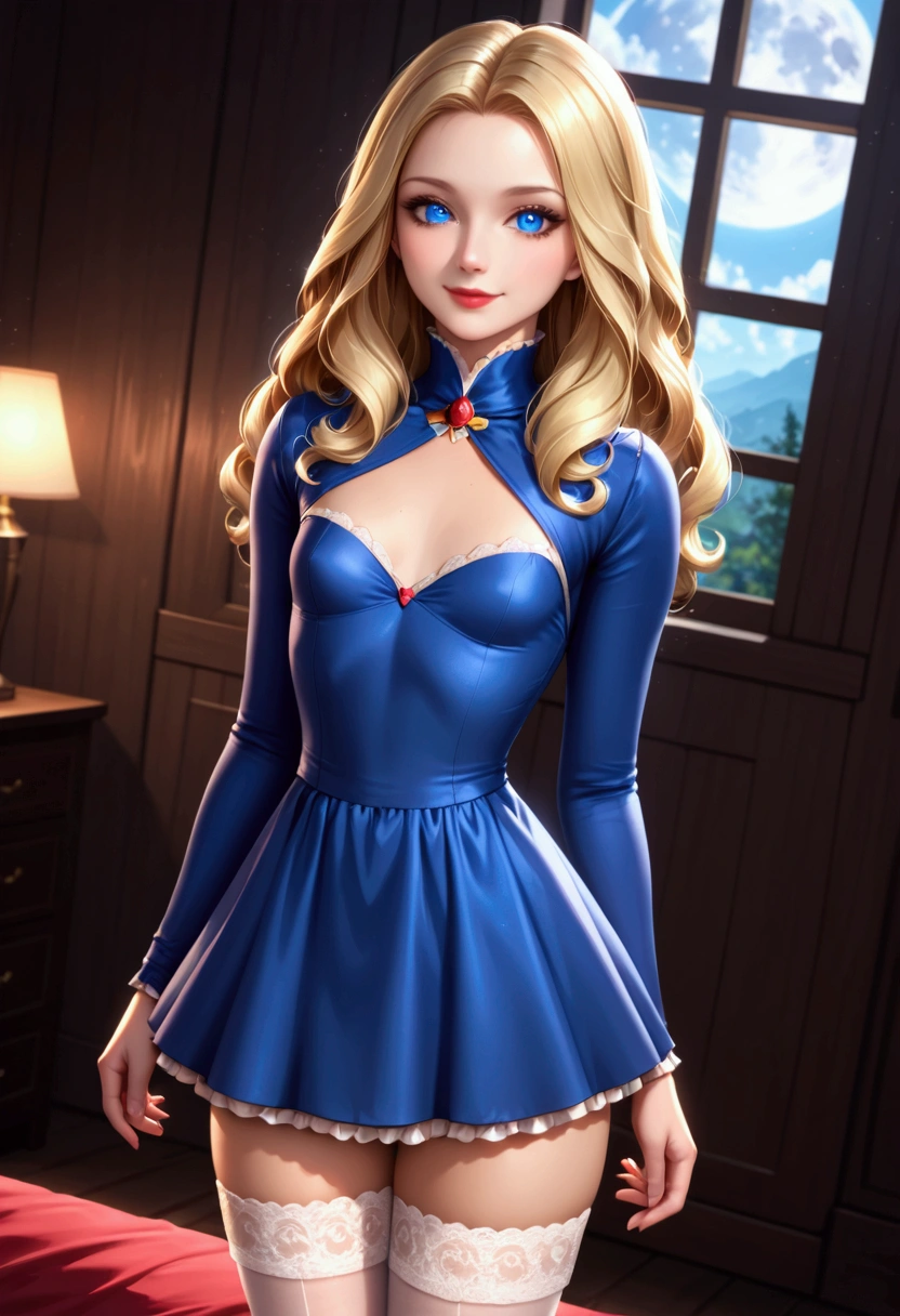 (AliceWonderlandWaifu:1), cute, smile,(dress:1.2), sexy pose, looking at viewer, (small breast:1.4), curvy, thighhighs, Edwardian fashions, high-collar long sleeve shirtwaist, skirt, petticoats, silk stockings, boots, long blonde hair, big blue eyes, red lips 
(realistic:1.2), (realism), (masterpiece:1.2), (best quality), (ultra detailed), (8k, 4k, intricate),(full-body-shot:1),(Cowboy-shot:1.2), (85mm),light particles, lighting, (highly detailed:1.2),(detailed face:1.2), (gradients), nsfw, colorful, detailed eyes,
(detailed landscape, Edwardian bedroom at night, ray traced light),(detailed background), (dynamic angle:1.2), (dynamic pose:1.2), (rule of third_composition:1.3), (Line of action:1.2), wide shot, solo, moonlight, large window
