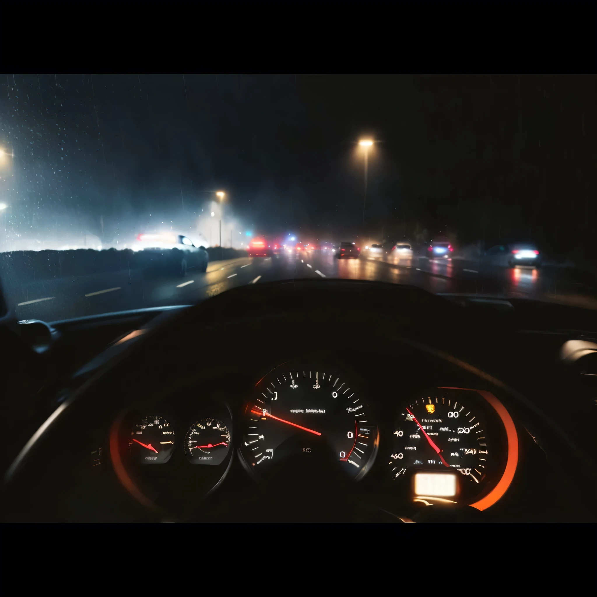 a close-up of a car dashboard with a speedometer and a light on the dashboard, late night raining, driving rain, driving fast, night shooting, wet road chase, raining night, raining! night time, it's night, driving, driving through the city, at night time, dash cam footage, nightlife, busy night, night time scene, in the night