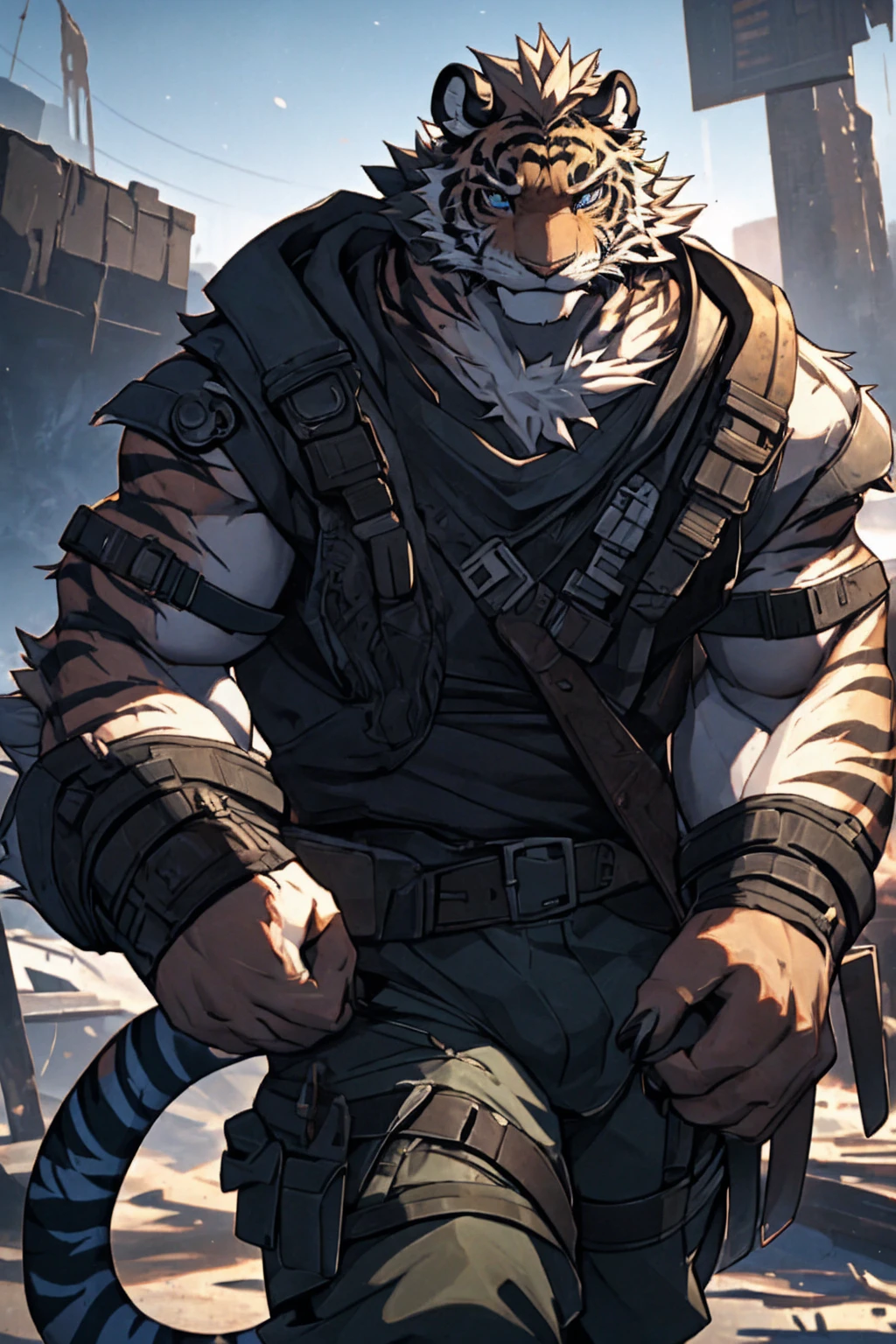 a highly detailed, ultra-realistic, 8k resolution portrait of a fierce tiger, heterochromatic eyes, meticulously detailed eyes and face, extremely high level of detail, post-apocalyptic wasteland background, muscular physique, holding a high-tech looking knife, staring at a screen
