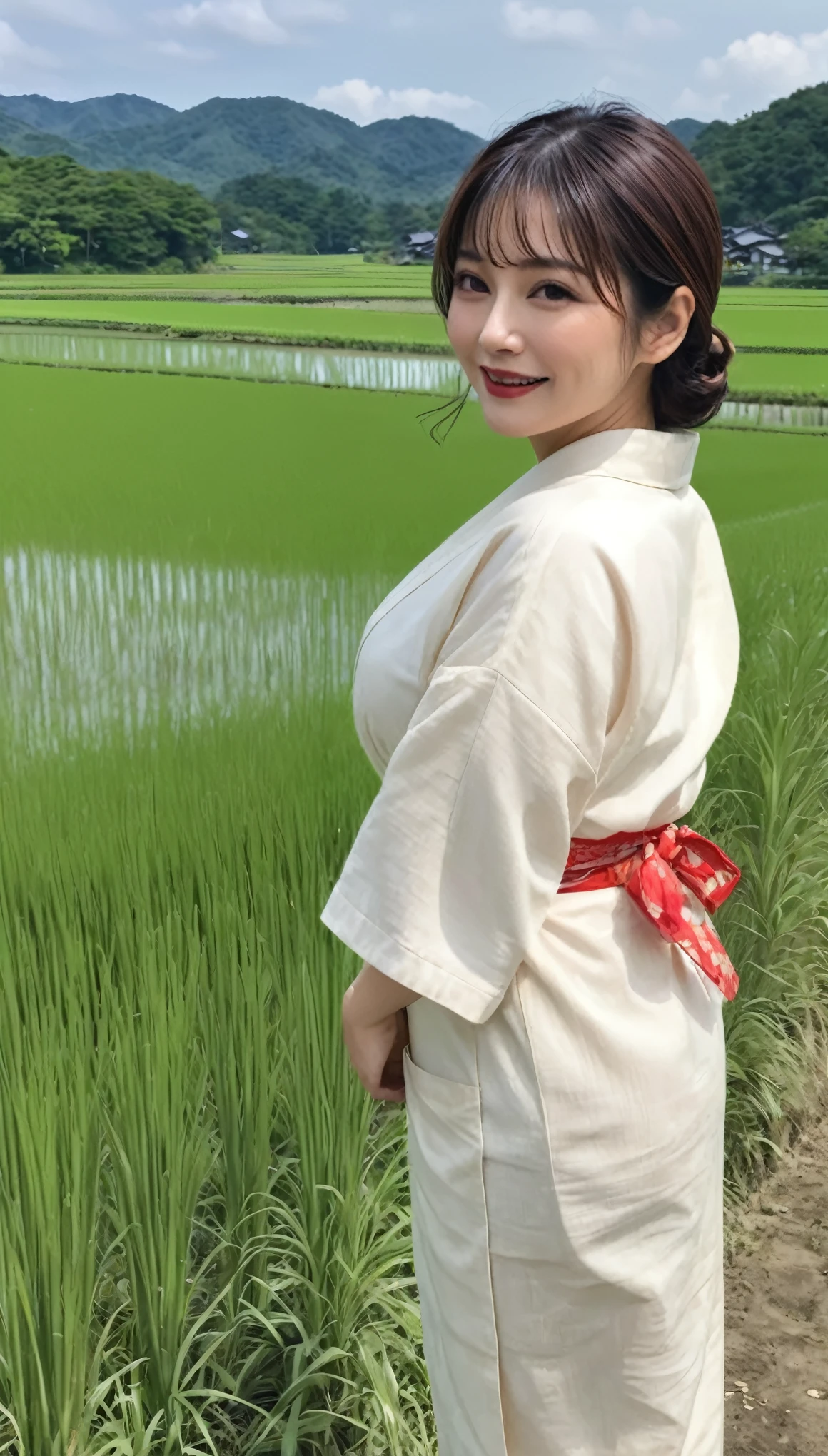 masterpiece,Highest quality,wonderful,(Mature Woman:1),(Mature Woman:1.3), (50歳のMature Woman.1.3)(((Very large breasts)))、(((Big big boobs)))、(((Big big cleavage)))、{Japanese countryside(Rice field footpath)}、Cute Smile、Well-tanned skin、Delicate and precise skin texture、(Plump figure)、disheveled brown hair、Japanese women、(Big Ass)、Thick thighs、Bright red lips、Thick upper arms、Wearing an old yukata with a sober color、