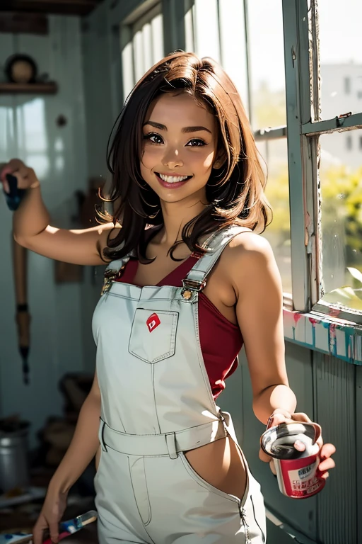 Highest quality High resolution Simple White overalls work clothes A woman holding a paint can and a brush There is a little paint on the clothes or body. Abandoned house 20 years old cute smile ((head to waste ))