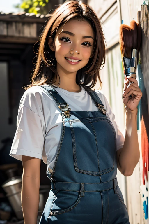 Highest quality　High resolution　Simple　White overalls work clothes　A woman holding a paint can and a brush　There is a little paint on the clothes or body.　Abandoned house　20 years old　cute　smile　（（head to waste ））