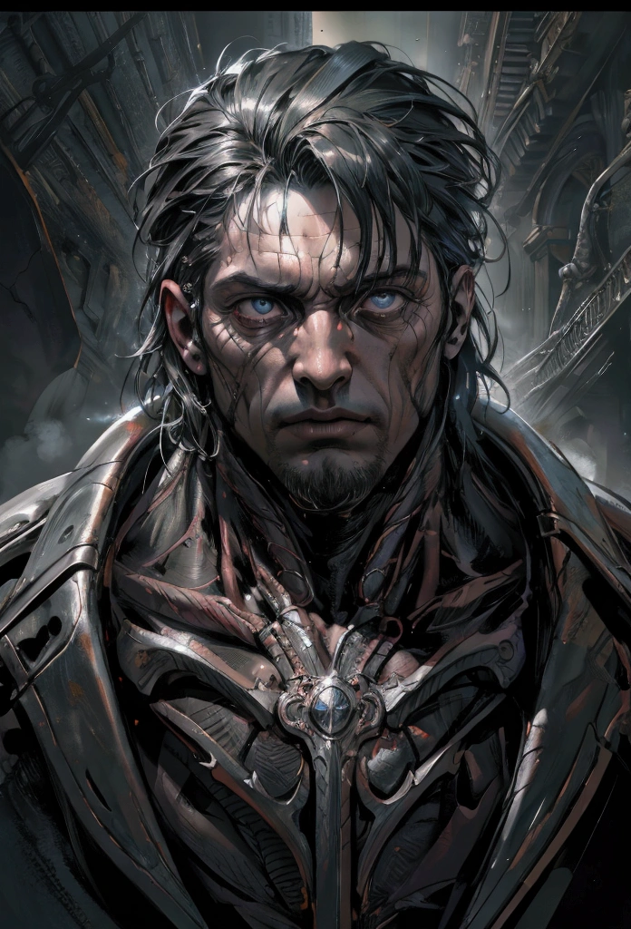 "official art", "Realistic Digital Painting with Concept Art Elements"," digital painting," "concept art," "realistic," , "detailed environment: , "high detail", "muscular man", "high-res", "ominous aura,", "8k resolution", "oil painting", "graded colors", "darker tone" , "little saturation" ,"professionally color graded" , "dark feeling", "concept art" , "detailed features" , "detailed eyes", "1man" , "upper body"