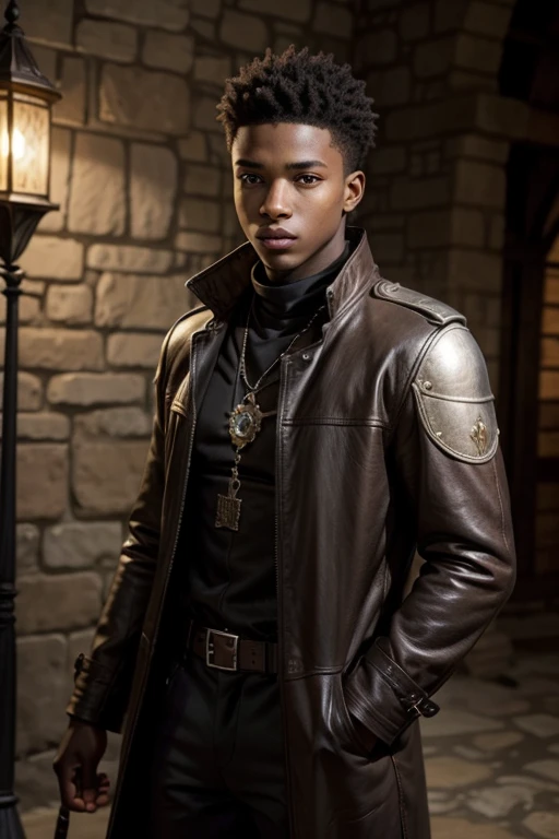 RPG. An 18 year old African boy, medieval with a leather overcoat