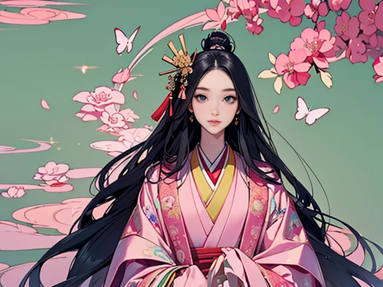 (masterpiece, Highest quality, Highest quality，aesthetics:1.2)，Twelve-layered kimono，1300 years ago，Japan_Heian period，１Beautiful noble princess，Beautiful Skin，(Straight hair　Long, beautiful black hair)，No earrings、Beautiful Face、Beautiful Eyes，Beautiful nose、Beautiful lips、(kimono　Gentle pink color　yellow　Light green　red　The beauty of layered colors)，Silk luster，Layered Color，Wide sleeves，The hem of the hakama is long，elegant，Highest quality，Beautiful graphics, Super detailed，butterfly，Fresh，Minimal background，Transparent robe images，Detailed CG、