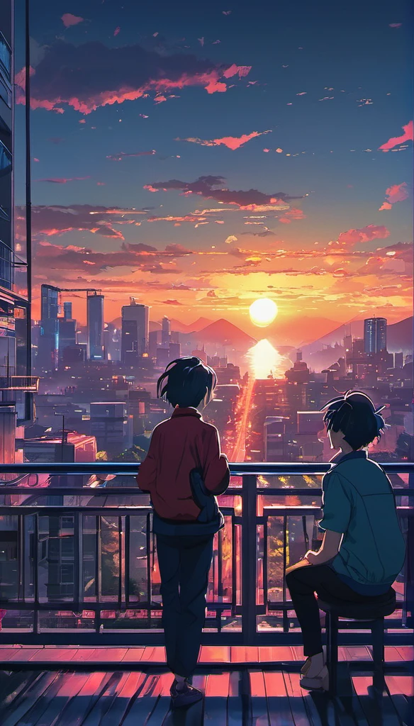 anime couple sitting on a balcony watching the sunset, Watching the sunset. anime, Lofi Artstyle, anime background art, anime style cityscape, beautiful anime scene, Lofi Art, In the style of Makoto Shinkai, 4K Manga Wallpapers, Makoto Shinkai Cyril Rolland, hd anime cityscape, Landscapes by Ilya Kuvshinov, 4k anime wallpaper