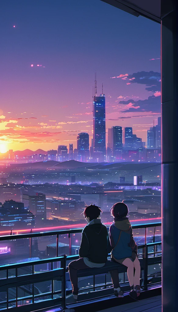 anime couple sitting on a balcony watching the sunset, Watching the sunset. anime, Lofi Artstyle, anime background art, anime style cityscape, beautiful anime scene, Lofi Art, In the style of Makoto Shinkai, 4K Manga Wallpapers, Makoto Shinkai Cyril Rolland, hd anime cityscape, Landscapes by Ilya Kuvshinov, 4k anime wallpaper