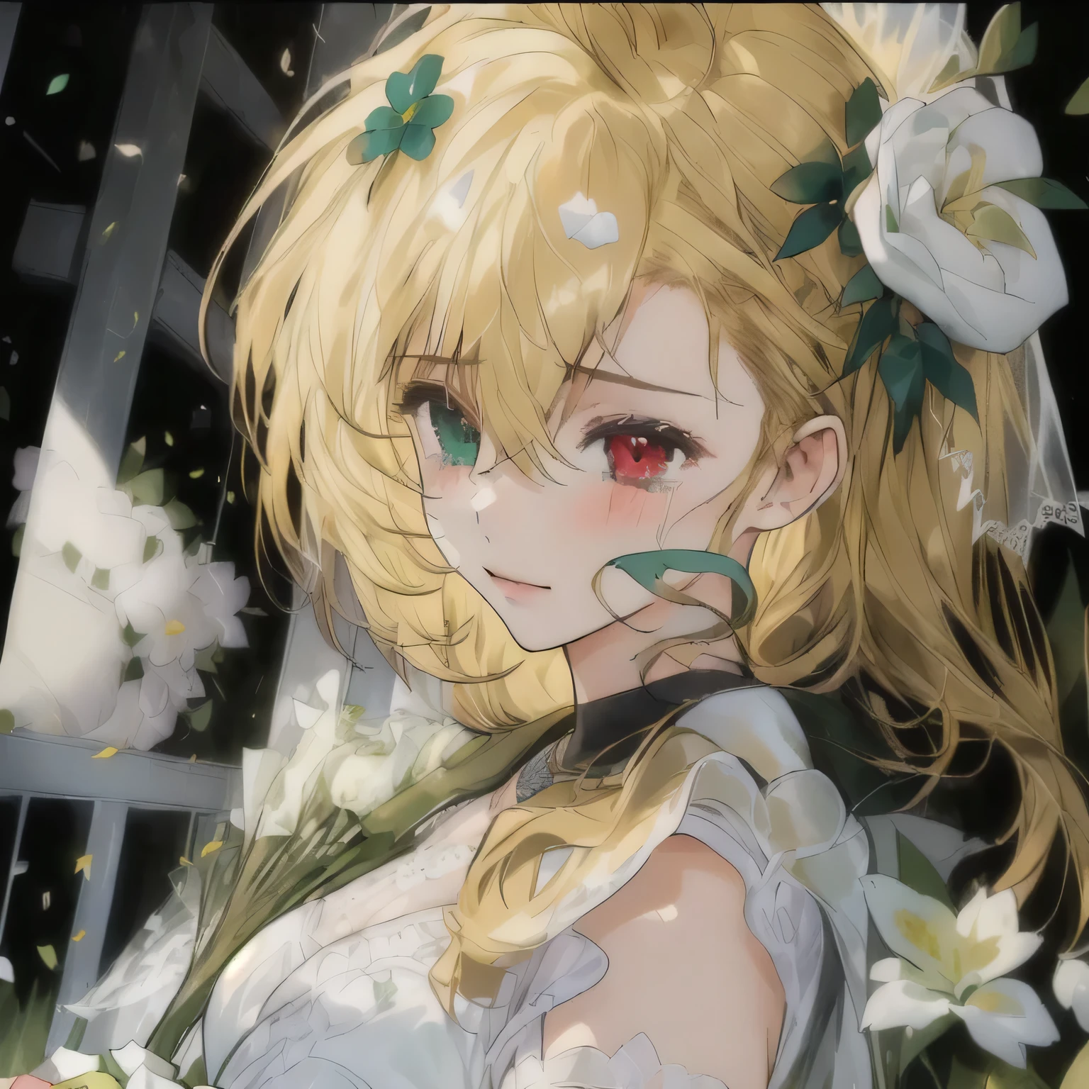 highres, (1girl:1.7),(blonde hair:1.7),vivio, masterpiece, best quality, fine motion,tiara, jewelry, wedding dress, necklace, (green flower:1.3), bracelet, white dress, (holding bouquet:1.4), happy tears, closed mouth,church,(heterochromia:1.3), ribbon, gloves, large breasts, ahoge, lace, lace thigh-highs, white thigh-highs, bridal veil, elbow gloves,proposal, ring, (pov:1.5), (solo focus:1.5), (pov hands:1.5), (holding hands:1.5), tears of joy, floral background, outside, bridal scene, (looking at viewer:1.4),