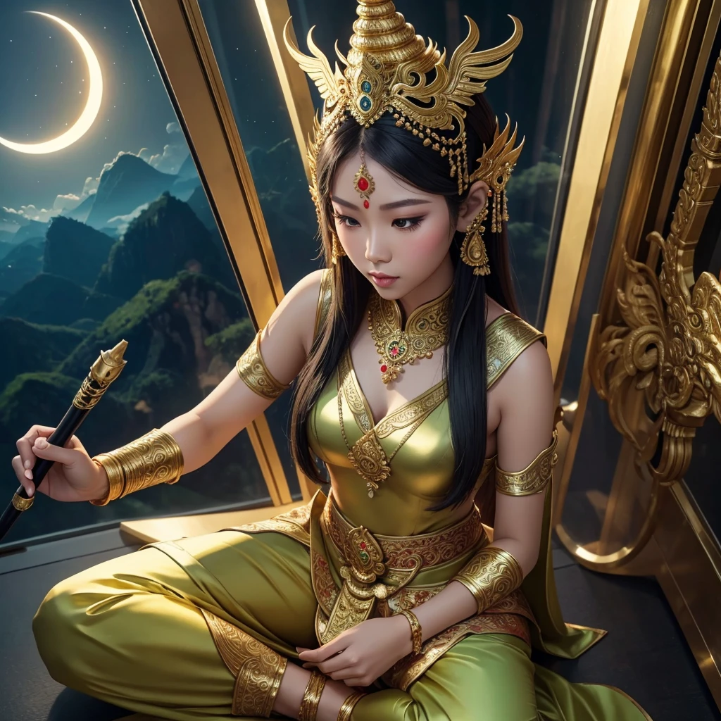 bird eye view, wide viewing angle, full body, Thai mythological characters wearing giant Thai Phi Phek mask heads. Dressed in minimal shiny gold clothing and accessories, she holds an iPad in her left hand and an Apple Pencil in her right hand. Her skin is light green. Sitting on your knees like a hero, surrounded by beautiful Thai smoke patterns. Emphasis on surreal nature There is a large eclipse moon as the background image. Realistic 64k..
