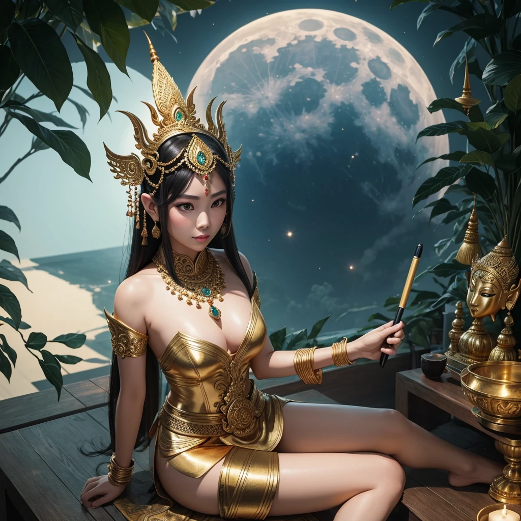 bird eye view, wide viewing angle, full body, Thai mythological characters wearing giant Thai Phi Phek mask heads. Dressed in minimal shiny gold clothing and accessories, she holds an iPad in her left hand and an Apple Pencil in her right hand. Her skin is light green. Sitting on your knees like a hero, surrounded by beautiful Thai smoke patterns. Emphasis on surreal nature There is a large eclipse moon as the background image. Realistic k..